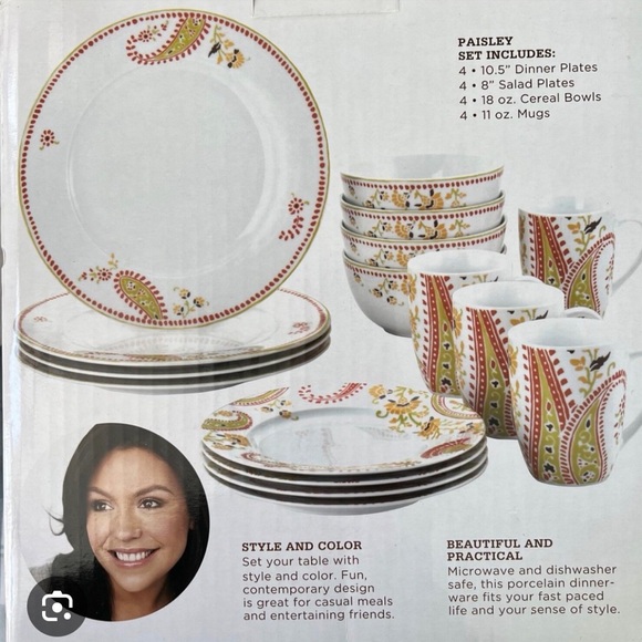 Paisley Porcelain Dinnerware Set - Red and Green set of 4 new